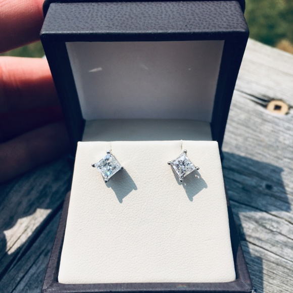 14K White Gold 2.0 CTW Princess Cut Diamond Stud Earrings - Picture 12 of 13